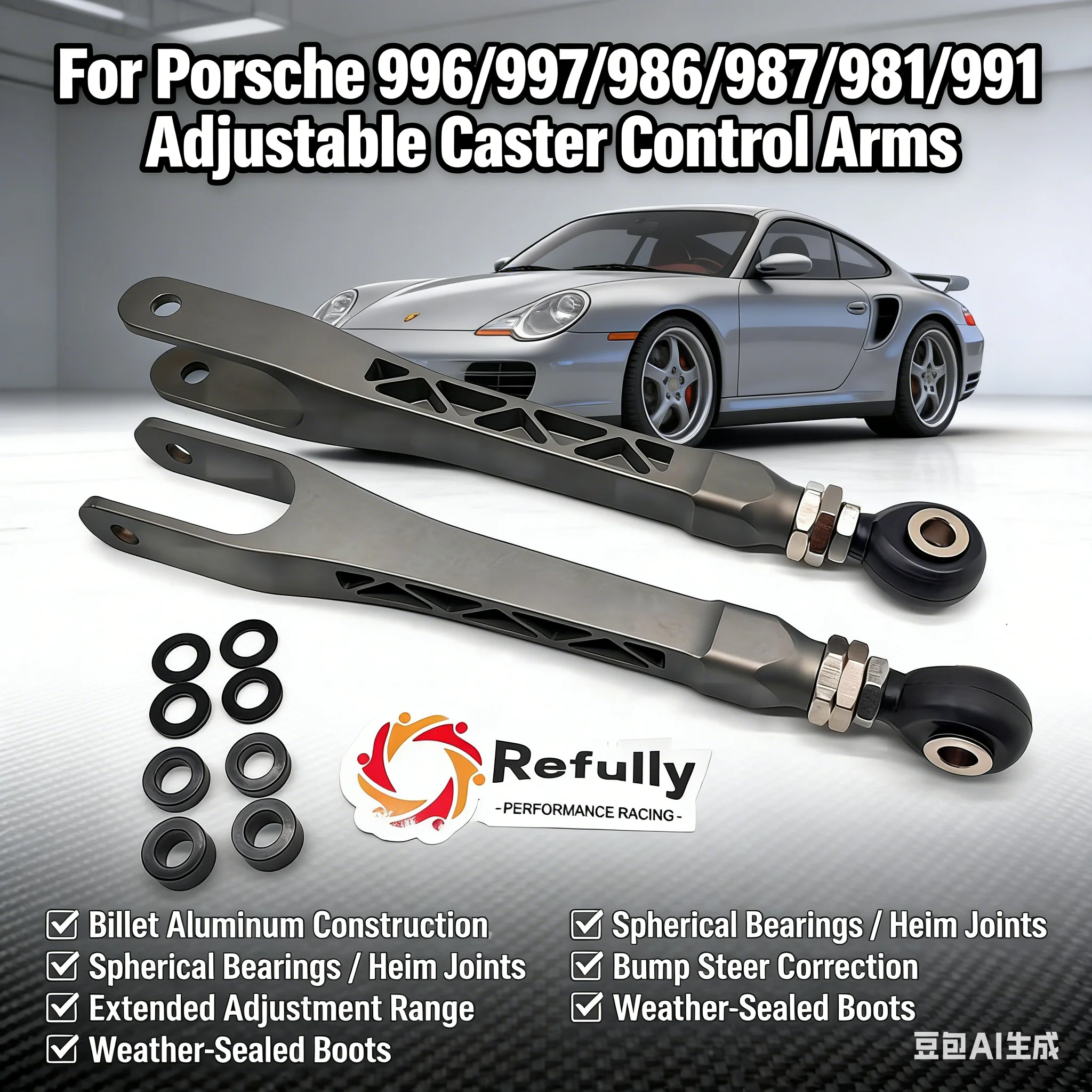 For Porsche 996/997/986/987/981/991 Adjustable Caster Control Arms – Anti-Dive Front & Anti-Squat Rear – Billet Aluminum