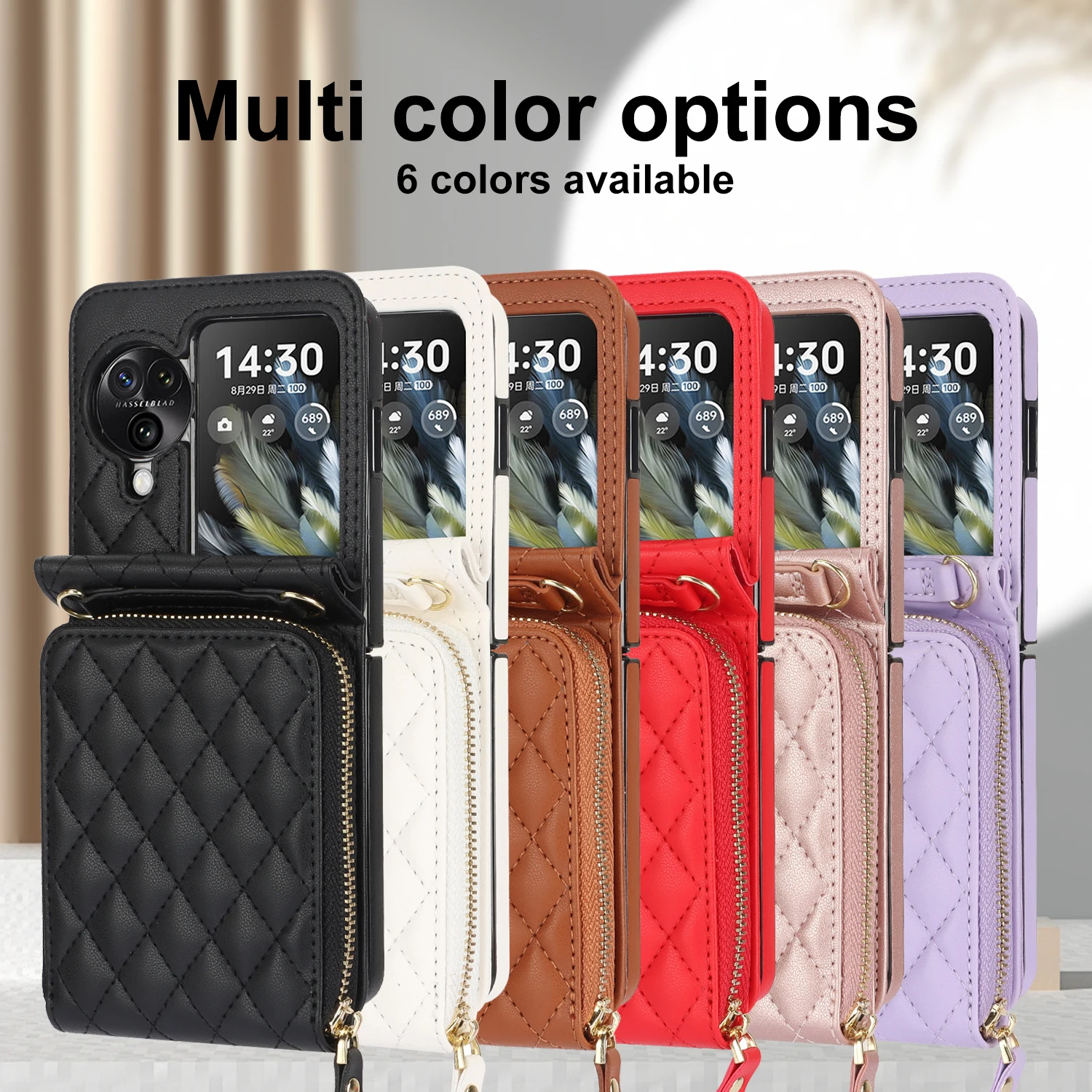 For OPPO Find N3 N2 Flip 5G Case Fashion Crossbody Lanyard Leather Zipper Wallet Card Slot Strap Holder Folding Shockproof Cover