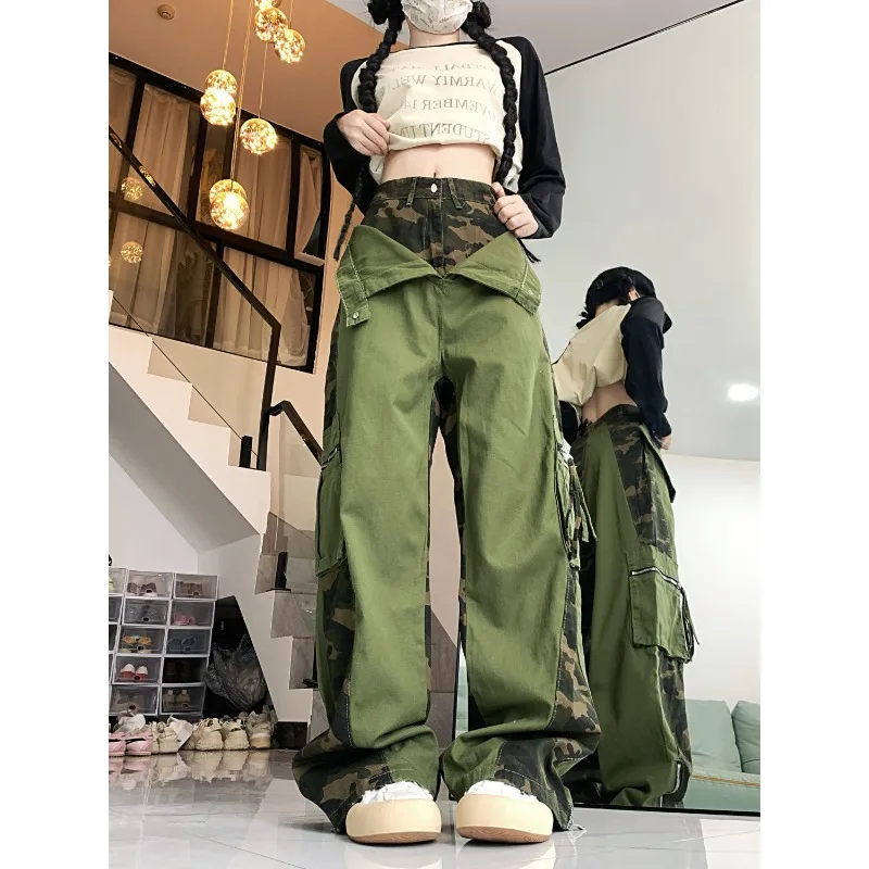 

Green Camouflage Fake Two-piece Spliced Spicy Girl American Retro Work Pants Large Pocket Y2k Street Hip-hop Straight Leg Pants