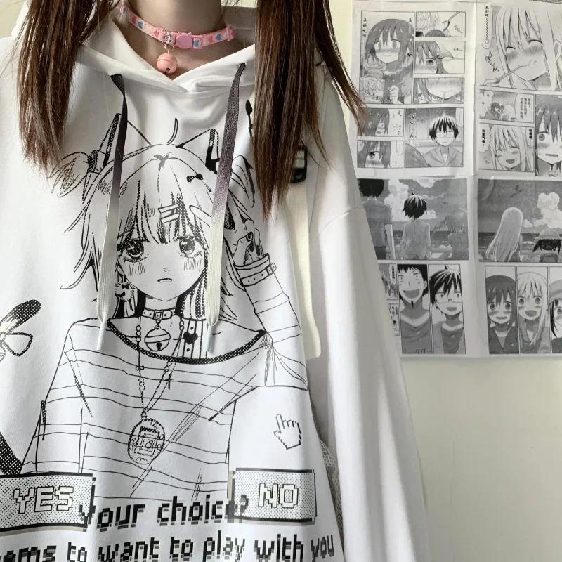 Japanese Preppy Style Kawaii Anime Print White Loose Hooded Sweatshirts Women Harajuku Y2k Sweet Pullovers Sudaderas Chic