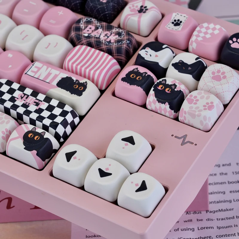 PBT キーキャップ 130 キーかわいいピンク猫キーキャップ染料昇華プロファイルカスタムキーキャップ MX スイッチ用メカニカルゲーミングキーボード