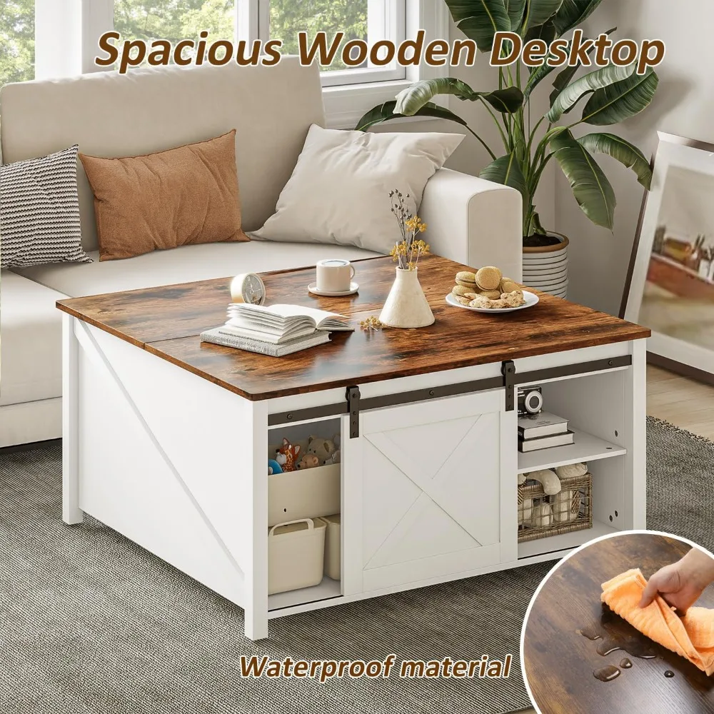 Mesa de centro elevatória com armazenamento, mesa de centro de fazenda com tampo elevatório para sala de estar, sala de estar de madeira branca rústica