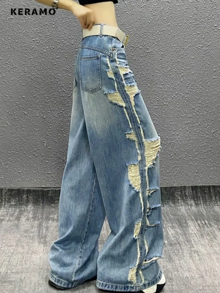 

American Retro Ripped Full Length Grunge Street Jean Hip-hop Damage Baggy Mop Pants Women's Casual Y2K Emo Blue Denim Trouser