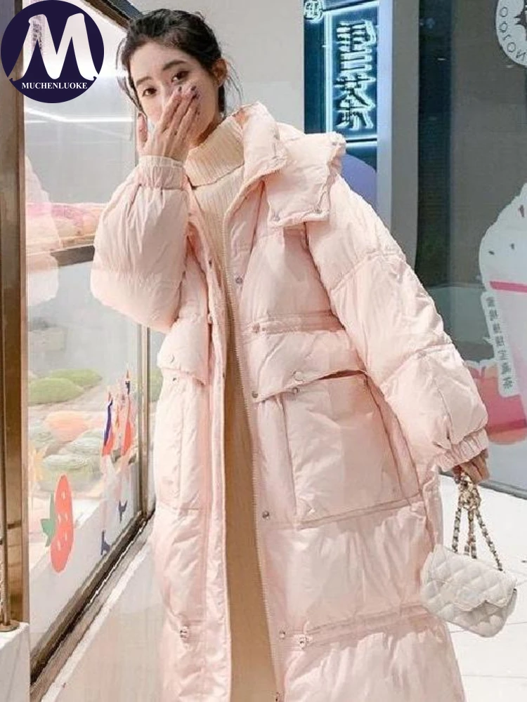 Jacket for Women 2023 Winter New Casual Long Sleeved Hooded Mid Length Parkas Korean Fashion Loose Thickening Warm Down Coats