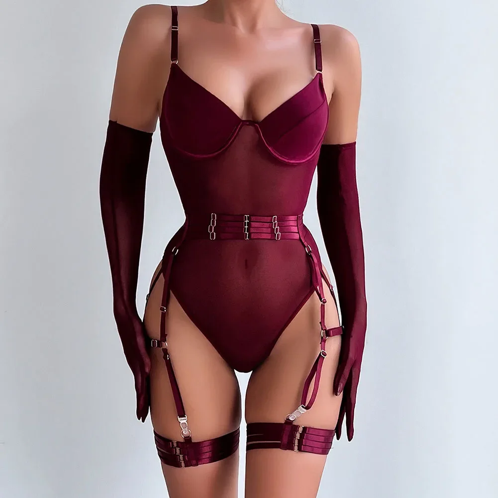 

Sexy Women Corset Lace Mesh Underwear Temptation Bodysuit Transparent Glove Set Slim Fitting Sling Hollow Out Female Jumpsuits