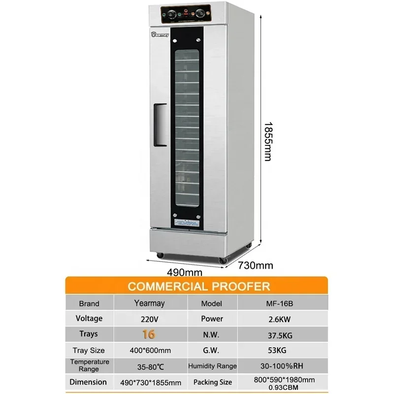 16 Trays Dough Proofer Bakery Machines Bread Fermentation Room with High-capacity Stainless Steel Body Electric Bread Proofer
