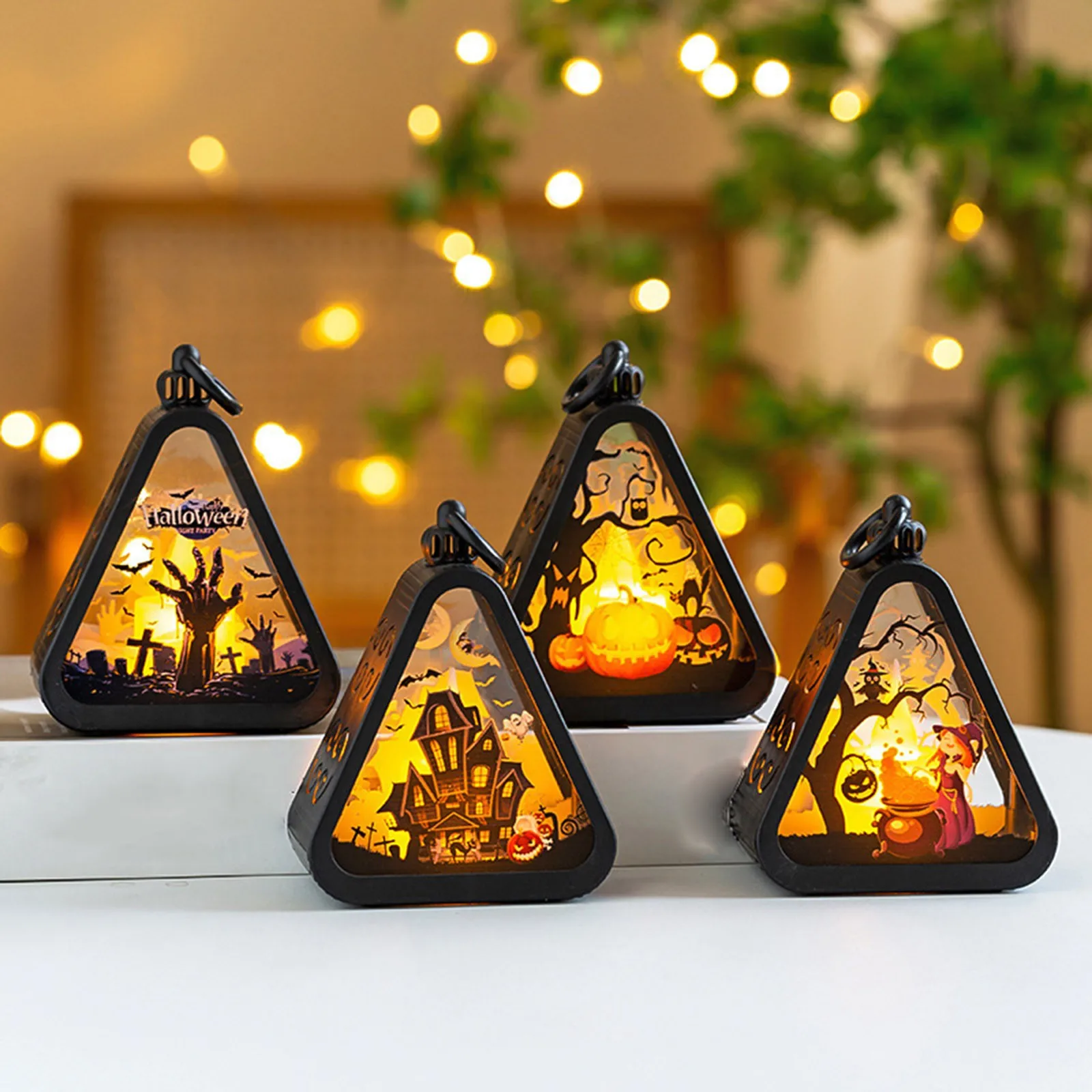 

Cute Shaped Desktop Decoration Accessory Mini Halloween Pumpkin Triangle Lanterns Table Party Ornaments Perfect Birthday Gift