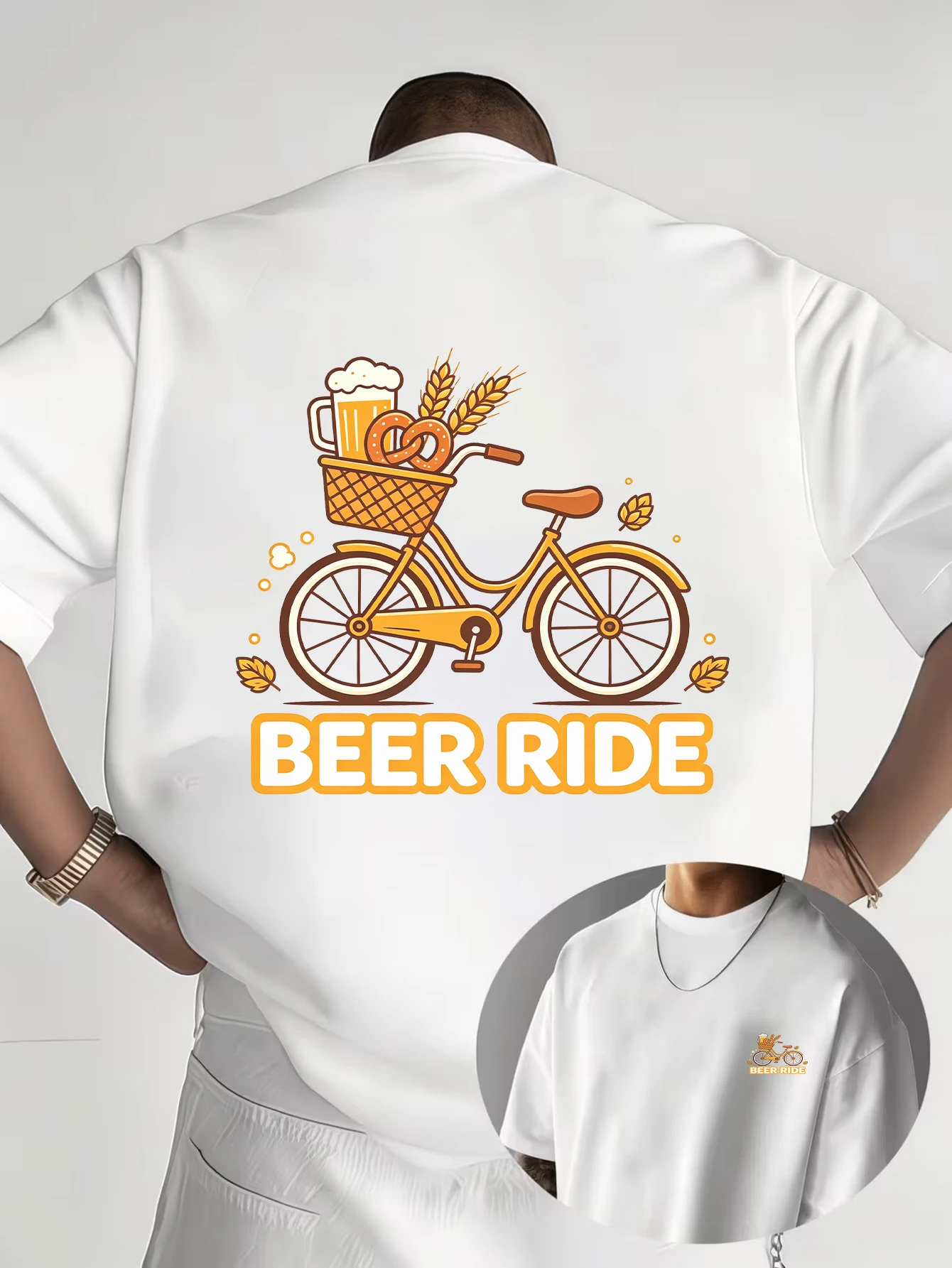 Beer Ride Bicycle Graphic T‑Shirt Oktoberfest Pretzel Wheat Beer Cup Print Casual Short Sleeve Tee