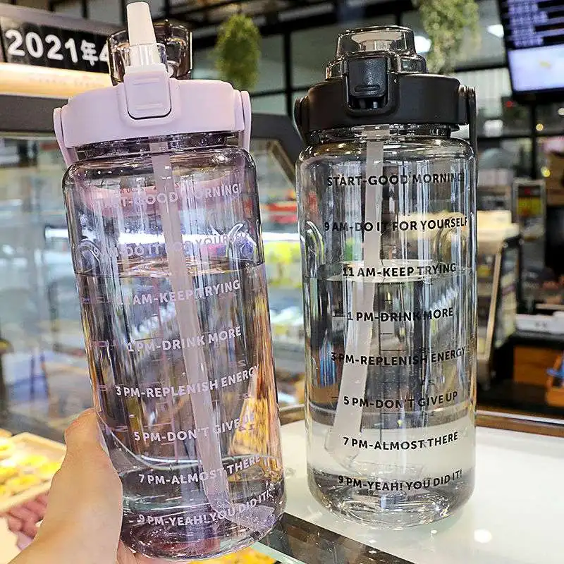 

D2 New 2L Water Bottle With Straw Large Capacity Sports Water Bottle BPA Free cup Portable Drinking Bottles With Time Marker