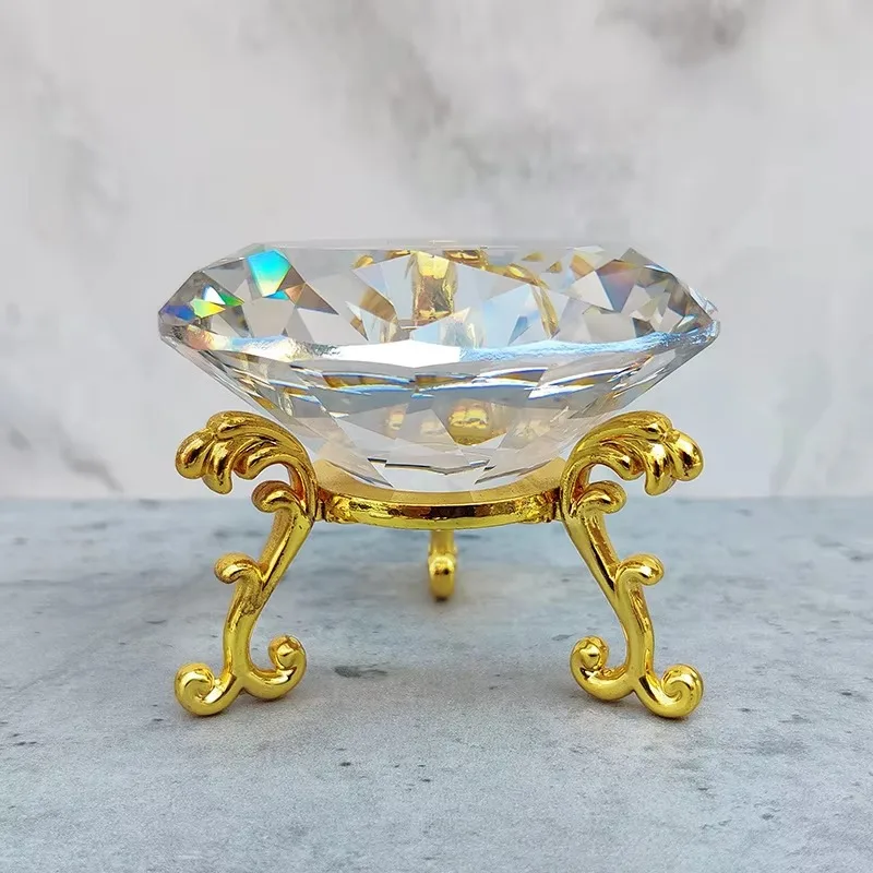 80mm K9 Crystal Diamond With Metal Triangle Stand Glass Paperweight Exquisite Display Craft Ornament