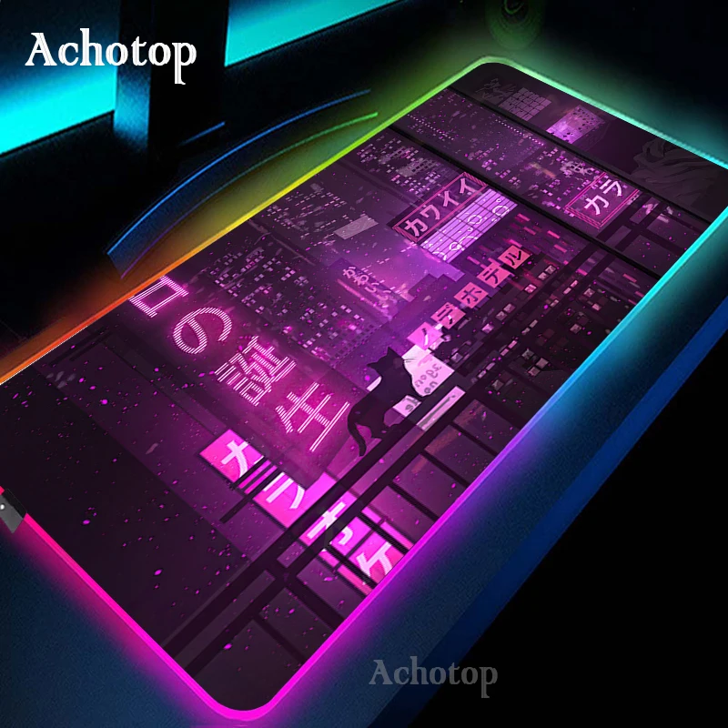 Tapis de souris de jeu RGB Neon Art japonais, grand tapis de souris LED, sous média, PC Gamer, bureau, polymères, 900x400mm