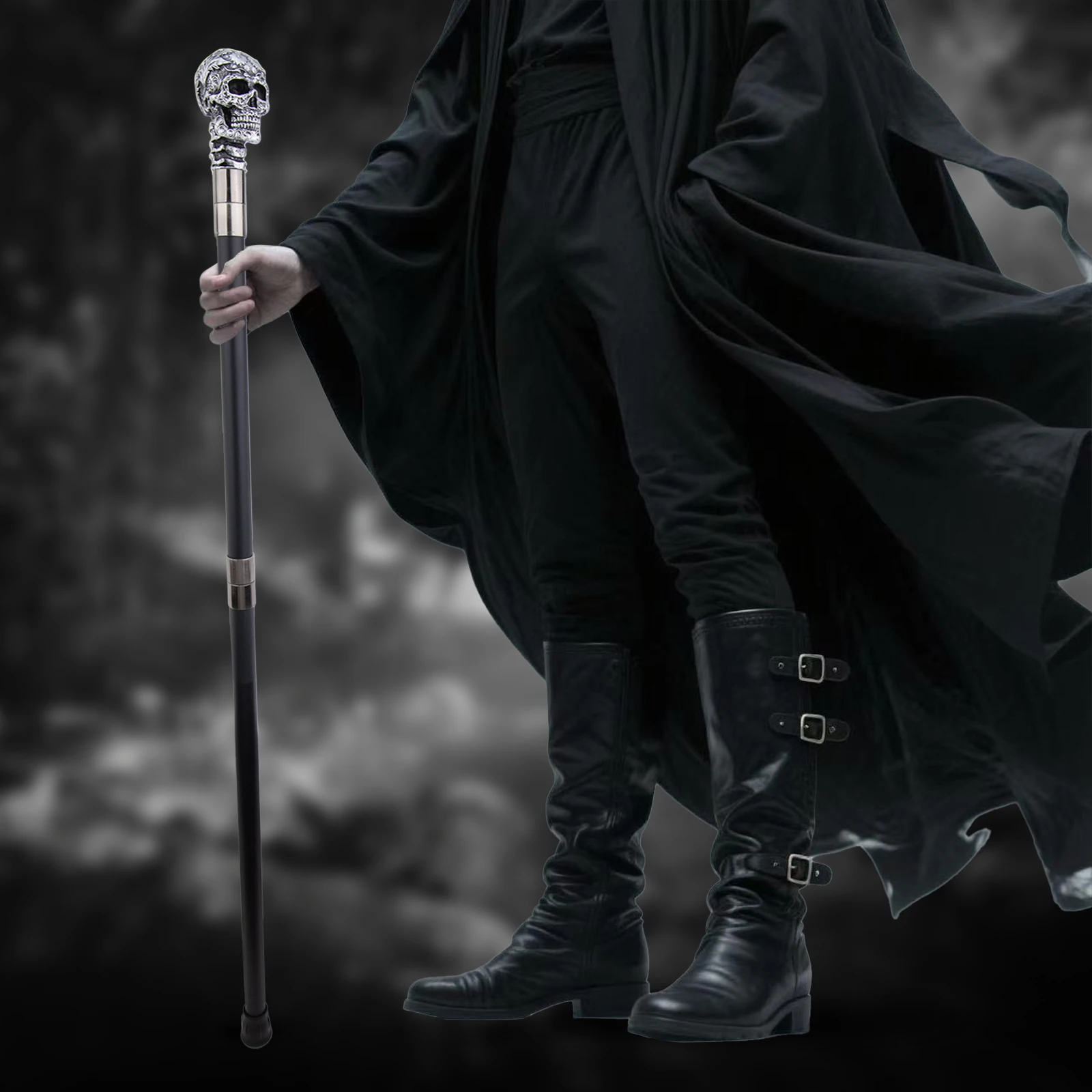 Silver Resin Rose Flower Skull Head Cane Decorative Cospaly Cane Halloween Mace Wand Crosier Performance Stage Cane 94cm