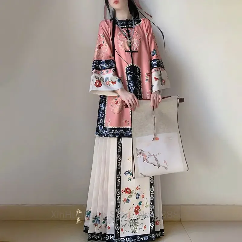 Hanfu de la dinastía Qing para mujer, ropa Antigua China de cuello redondo, falda estampada con cara de caballo, color azul oscuro, estilo de otoño,