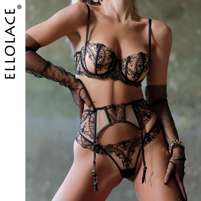 Ellolace Lace Lingerie Sexy Woman Push Up Fancy Embroidery Attractive Chest Suspenders Romantic Ensemble Intimate Erotic Outfit