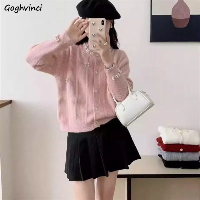 Cardigan Women Beading Design Sweet Knitwear French Style All-match Daily Young Clothing Leisure Prevalent Autumn Outwear Chic