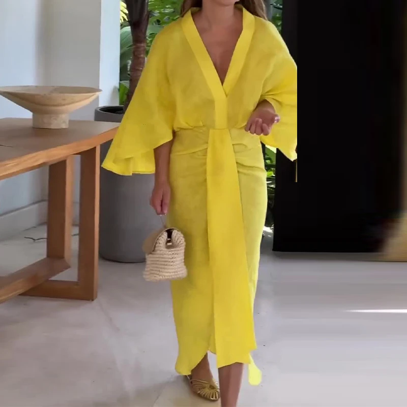 2025 Women Banquet V Neck Office Long Dress Summer Long Sleeve High Waist Party Dress Casual Solid Color Tie-up Female Dress