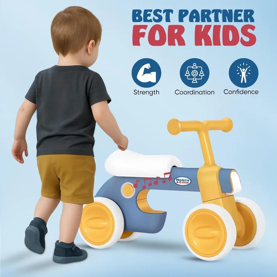 Babyloopfiets voor kinderen - Geen pedaal 4 stilte wielen en zachte zitting eerste fiets, peuterwandelaar voor jongens en meisjes, met licht, Musi