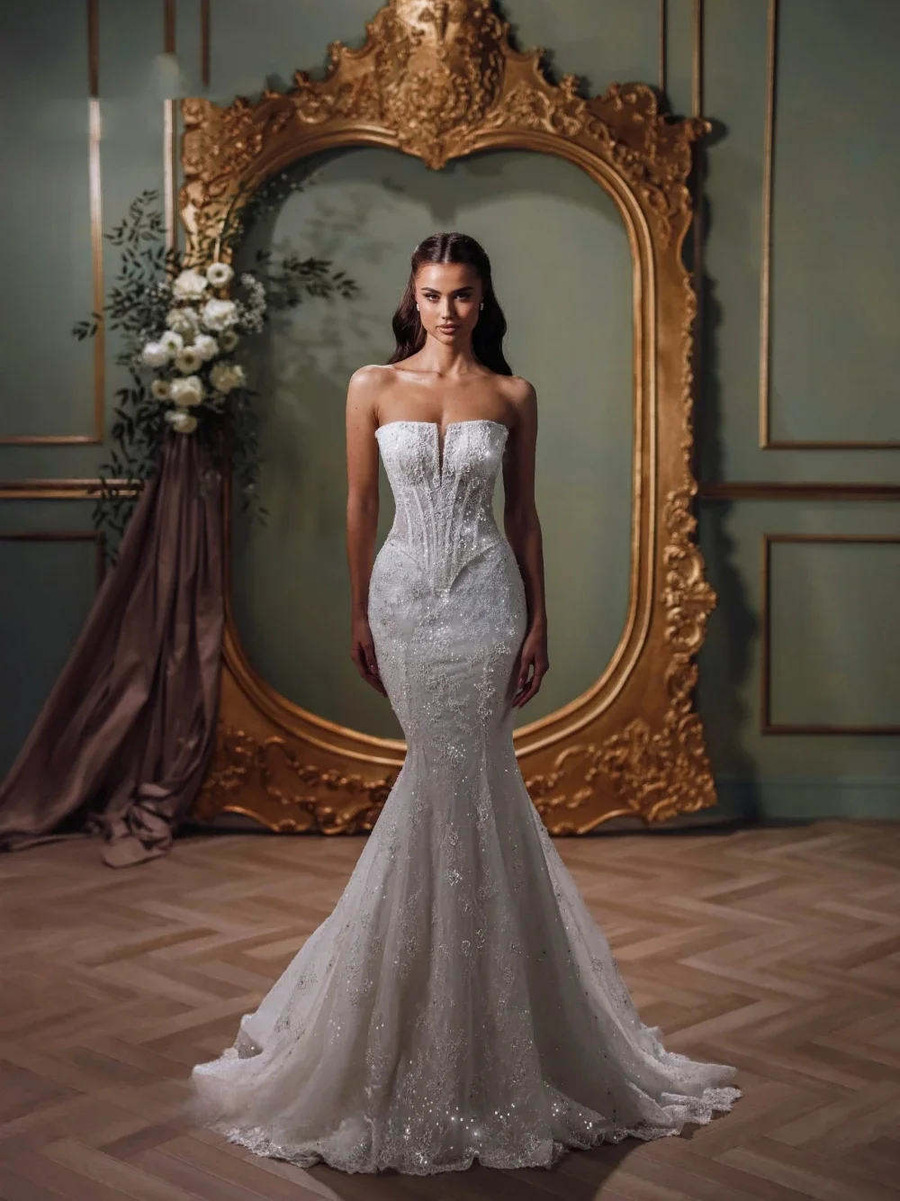 

Flavinke Customized Shiny Floral Appliques Wedding Dresses Women Sleeveless Lace Mermaid Bride Romantic Gown vestidos de novia