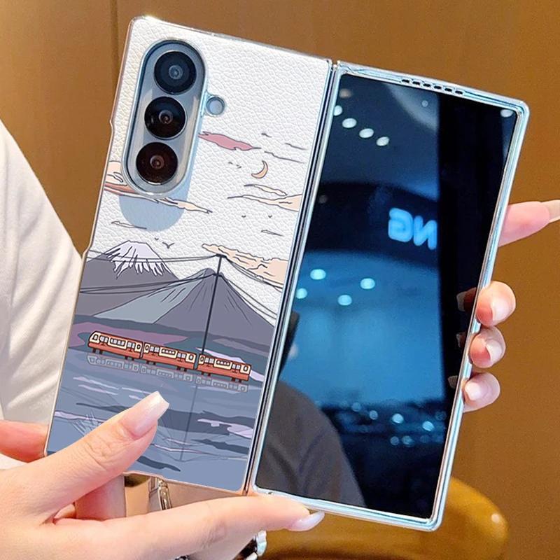 Mountain View Patterned PU Leather Phone Case For Samsung Galaxy Z Fold 7 6 5 Fold7 Fold6 Fold5 Plating Frame Hard Folding Cover