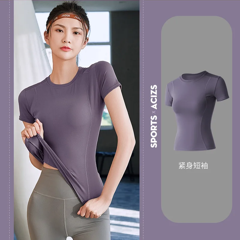 Fitness Sports T-shirt Women Solid Color V Neck Short Sleeve Moisture Wicking Athletic Shirts Top Ladies Sport Activewear Top