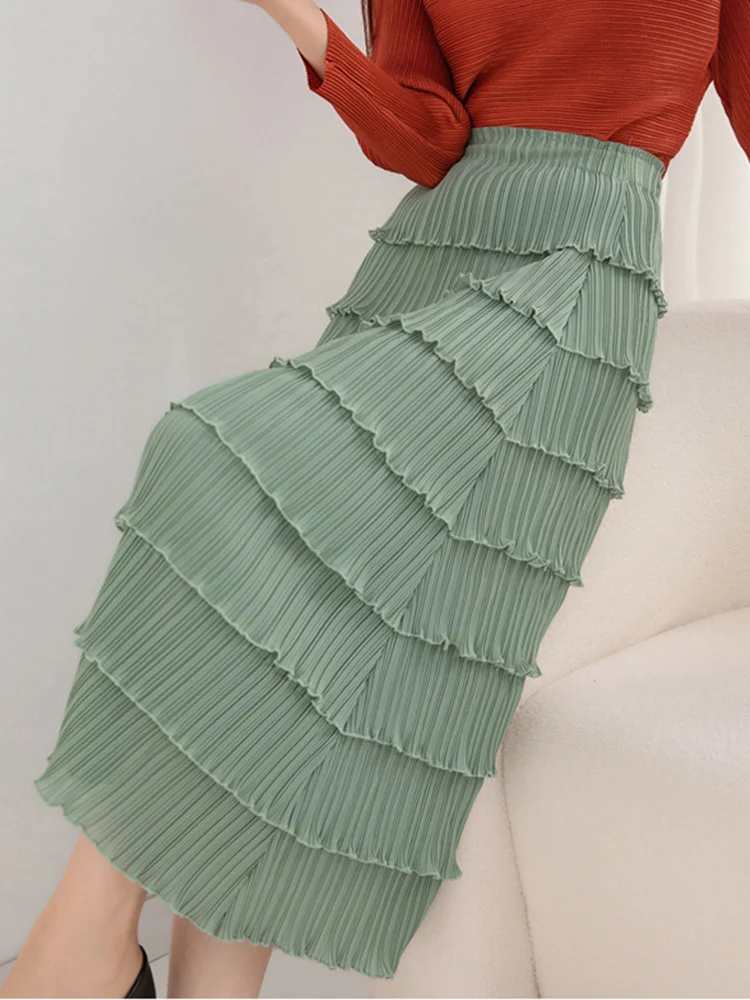 Solid Elegant Pleated Skirt Women High Elastic Waist Hip Wrap Layered A-line Skirts Female 2023 New Spring  M211