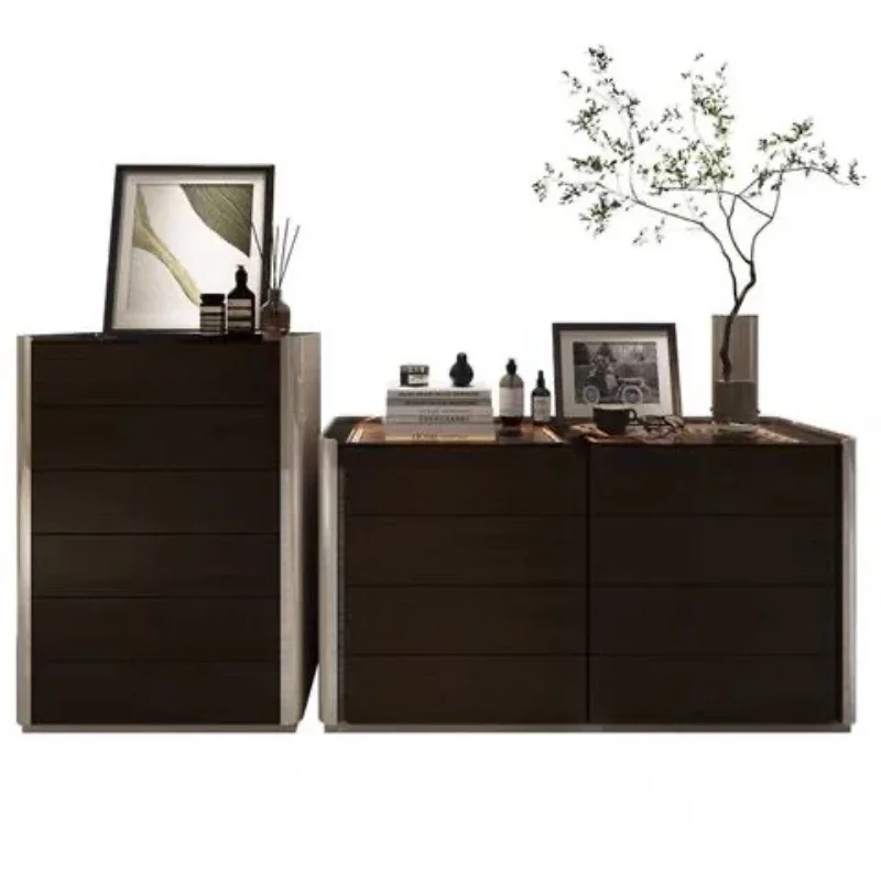 

Bedroom, bedside chest, dresser, integrated high and low combined cabinet, smoky color, light luxury Italian jewelry, side