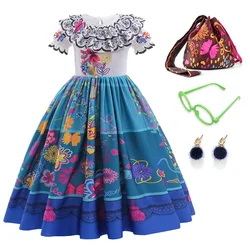 Kids Girls Princess Mirabel Cosplay Costume Swing Flared Dress+Bag+Glasses+Earrings 4PCS Set Halloween Birthday Dress Up 3-12Yrs