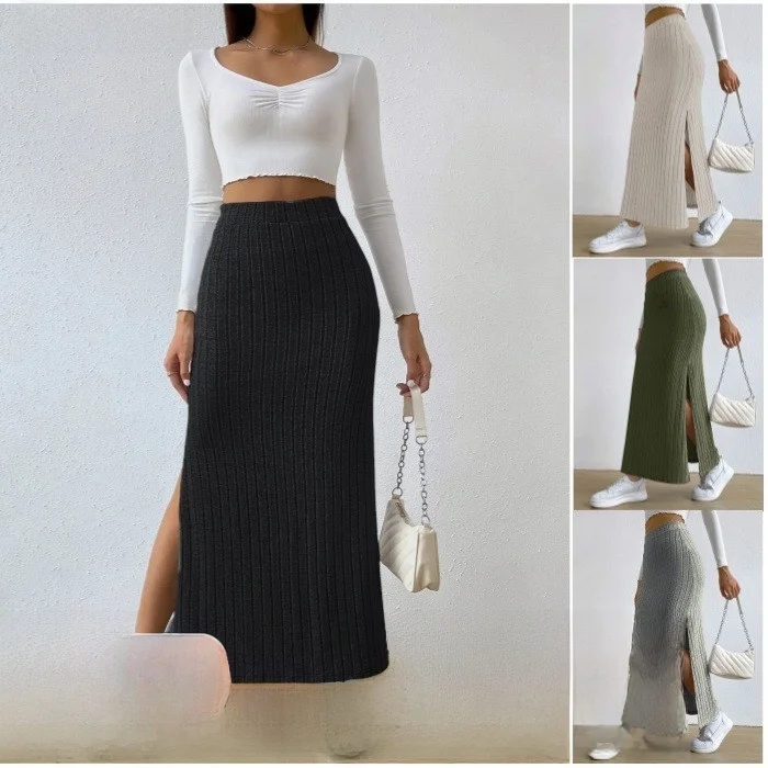 

Spring Summer New Sle Pure Color Slit Slim Fit Knitted Midi Skirt Women's Pants Skirt Ele Sle Pleated Polyester Fabric