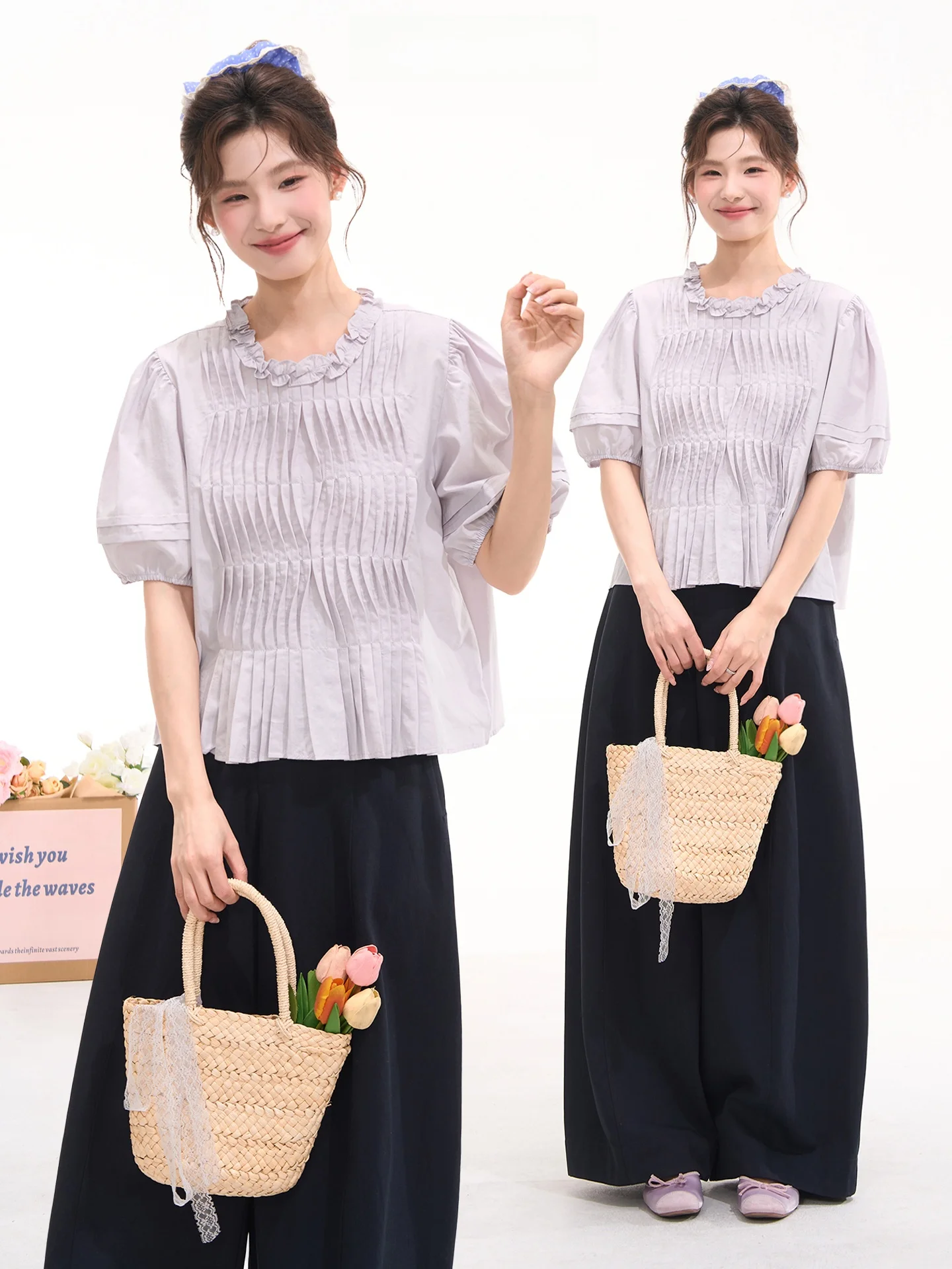 

Sweet Heart Princess Style Cotton Shirt Short Sleeve Accordion Pleat Design Inner Wear Summer Fashion for Young Girls