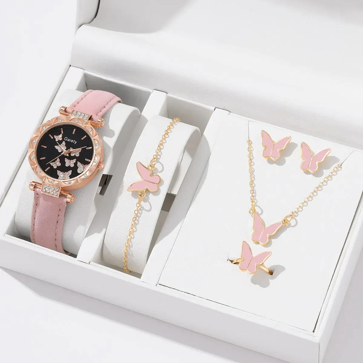 6pcs Luxury Watch for Women Ring Necklace Earrings Bracelet Set Watches Butterfly Leather Strap Ladies Quartz Wristwatch No Box