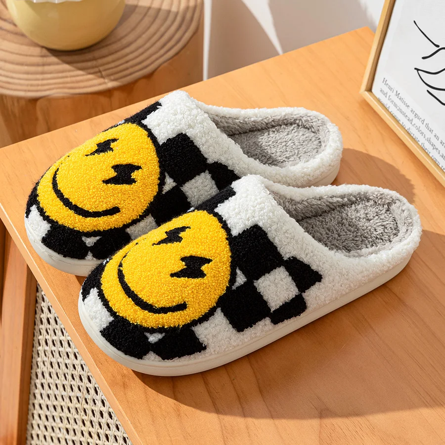 Big Smiling Face Women Home Slippers Warm Cartoon Checkerboard Grid Soft Sole Men Bedroom Non-slip Comfy Plush Shoes Winter