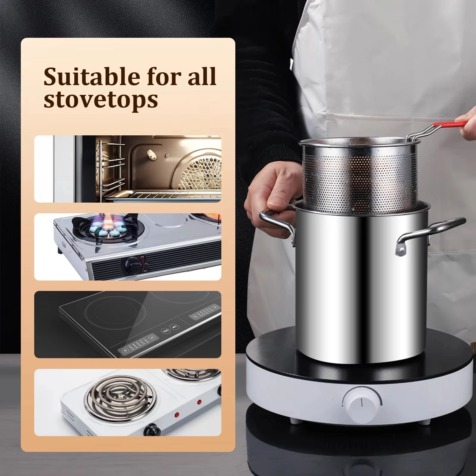 وعاء المقلاة العميقة وعاء قلي من الفولاذ المقاوم للصدأ مع سلة وغطاء مقلاة عميقة للطعام وعاء قلي عميق متعدد الوظائف 3.2 كوارت