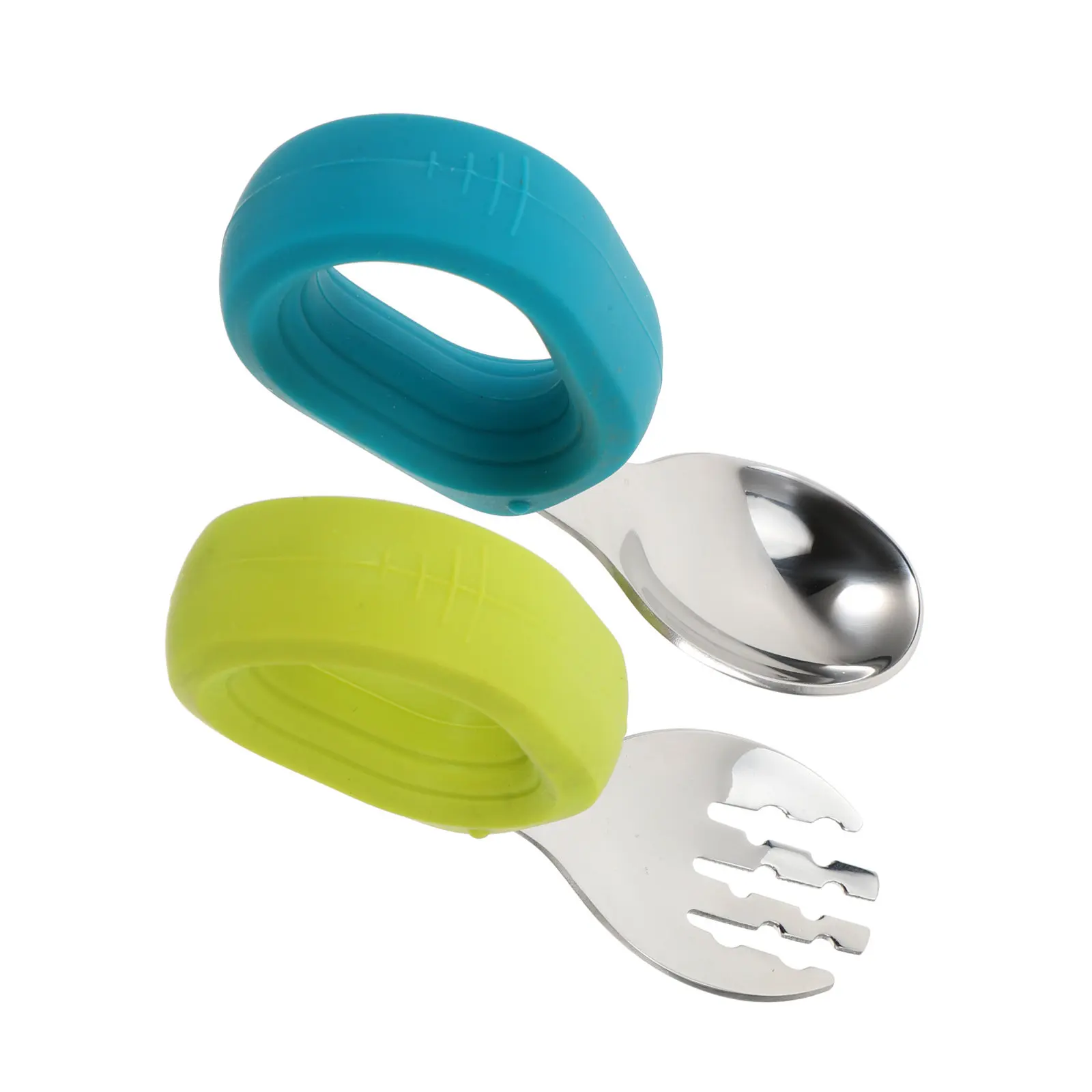 

2Pcs Stainless Steel Toddler Utensils Silicone Short Handle Baby Self Feeding Spoon Fork Set Kids Cutlery Tableware