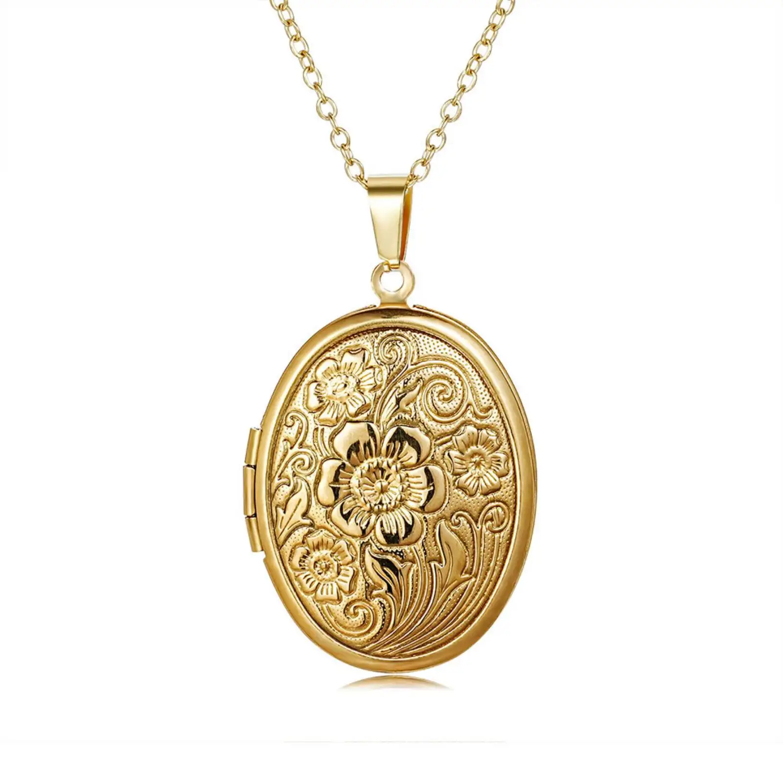 Ovale geschnitzte Blumen-Medaillon-Anhänger-Halskette aus Edelstahl, Schmuck, Geschenk für Frauen und Mädchen – Detail 2