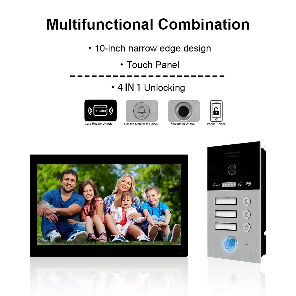 1F/2F/3F Wifi Tuya Smart 4 Wire Doorbell Video Intercom for Apartment Building 7/10inch Touch Screen 4 In1 Unlock