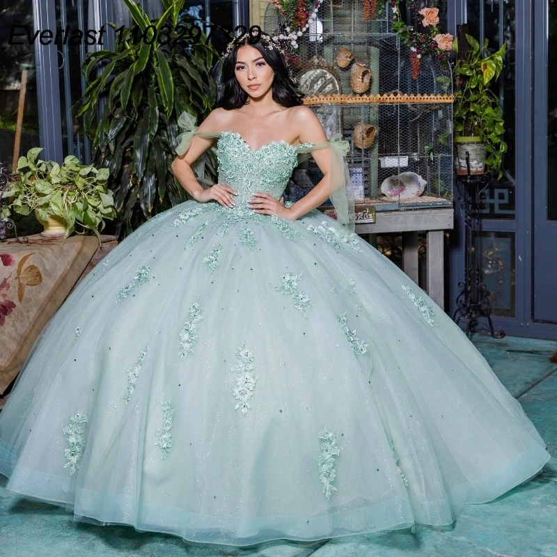 

EVLAST шалфей зеленое платье для Quinceanera бальное платье Кружевная аппликация бисером галстук ремешки мексиканский корсет милое 16 Vestidos De 15 Anos TQD754