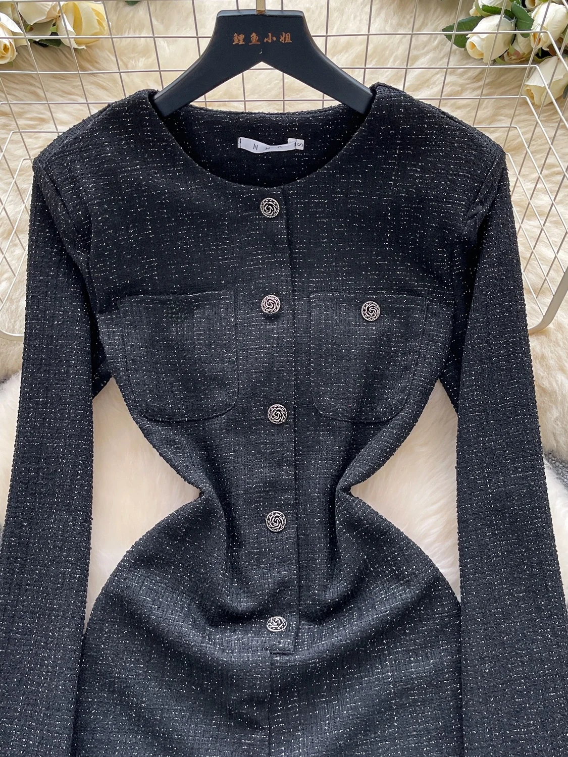  round Ne Long Sve Jumpsuit Women's Autumn Winter Faion Metal Bule Plaid ature Lady Ci Commute Dr