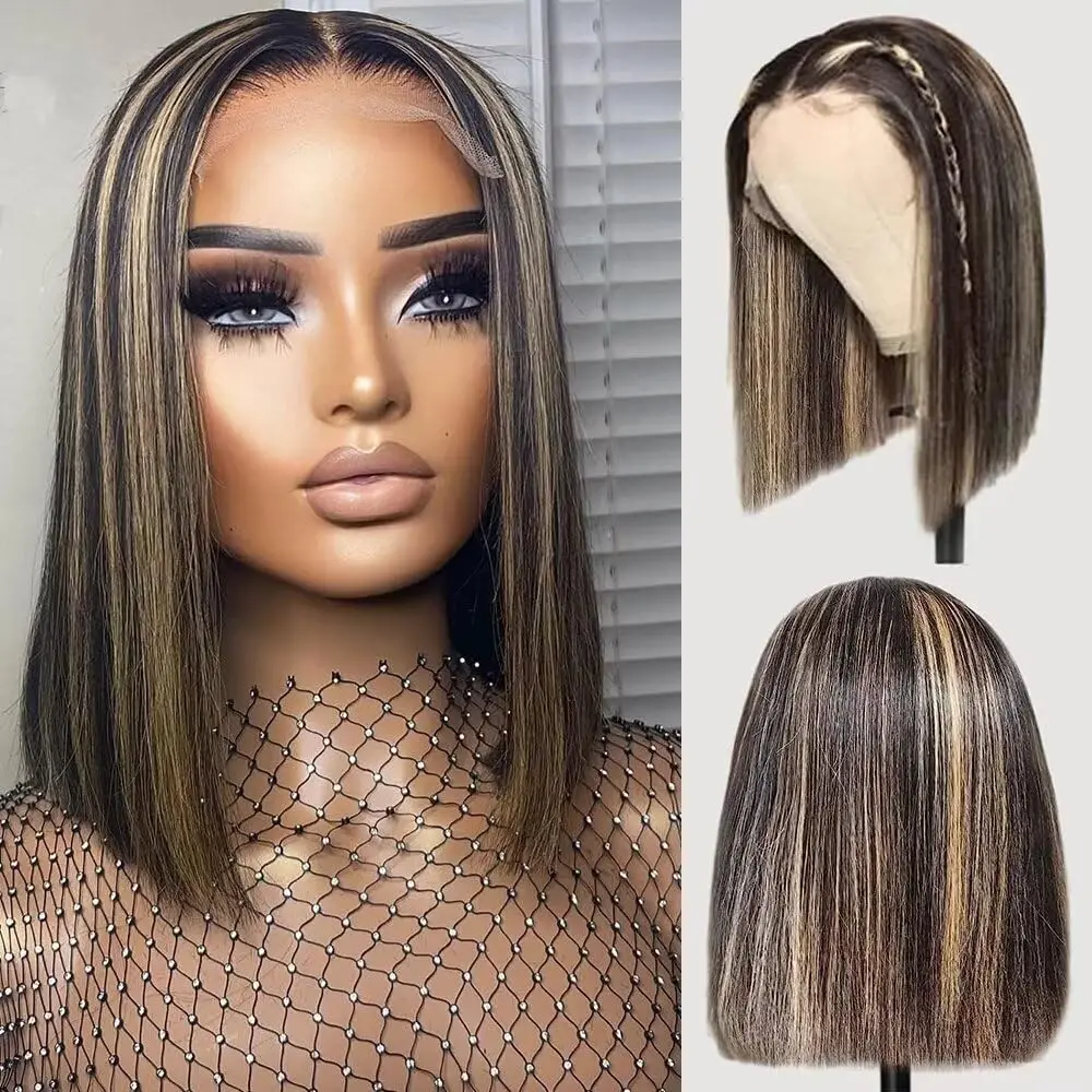 

13X4 Transparent Lace Short Bob Human Hair Wigs #1B/27 Ombre Highlight Color Lace Front Wigs 210% Density Brazilian Hair Wigs