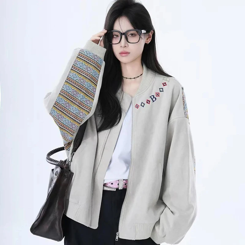 

Женская винтажная американская бейсбольная куртка в стиле пэчворк, шикарная верхняя одежда на молнии с длинными рукавами, простая классическая весенне-осенняя свободная повседневная куртка