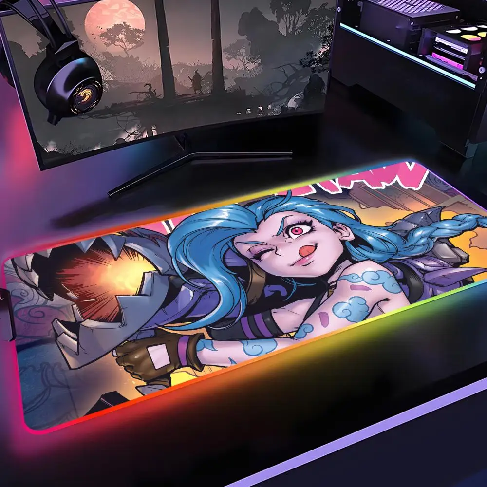 

Hot Anime LOL Arcane JINX Mouse Pad Gamer Rgb Desk Mat Back Light Led Mousepad Setup Gaming Accessories Deskmat Big Mousepad