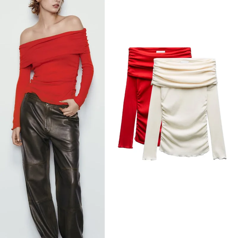 

Autumn Winter Slim Fit Sexy One oulder Long Sve Cotton T-irt Base Layer irt Regular Length Polyester Fiber