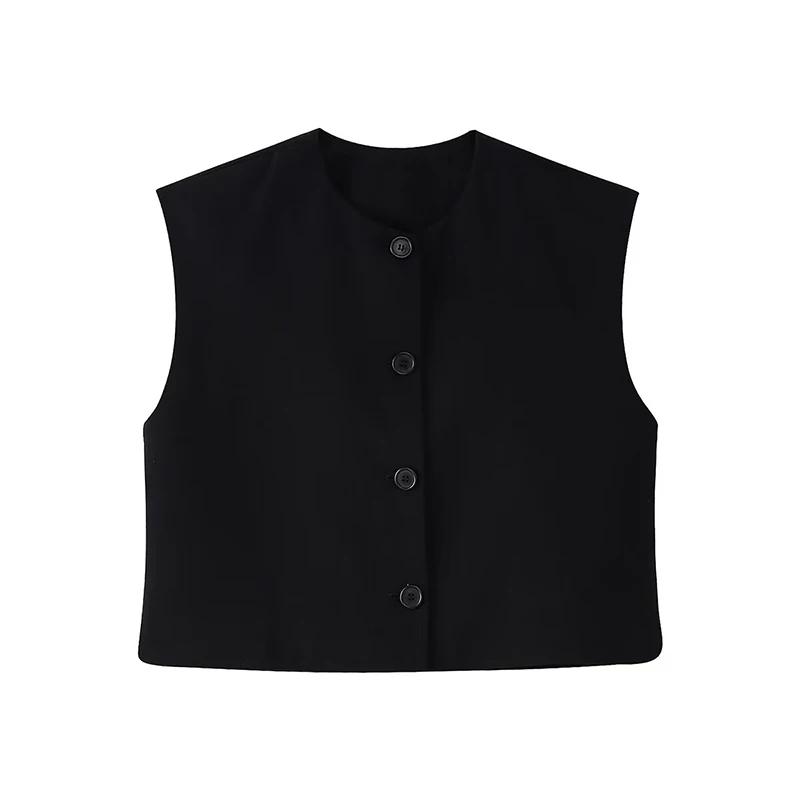 

YENKYE New Autumn Women Front Button O Neck Sleeveless Crop Vest Black Waistcoat Chic Tops ropa de mujer