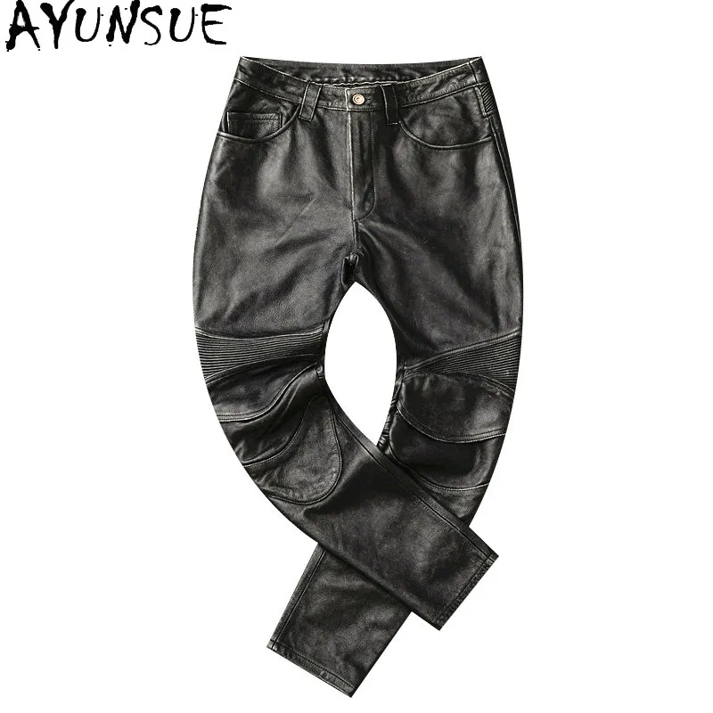 AYUNSUE Retro Stone‑Washed Genuine Leather Pants Man Biker Motorcycle Long Trousers Top Layer Cowhide Pants Men Clothing 바지 2026