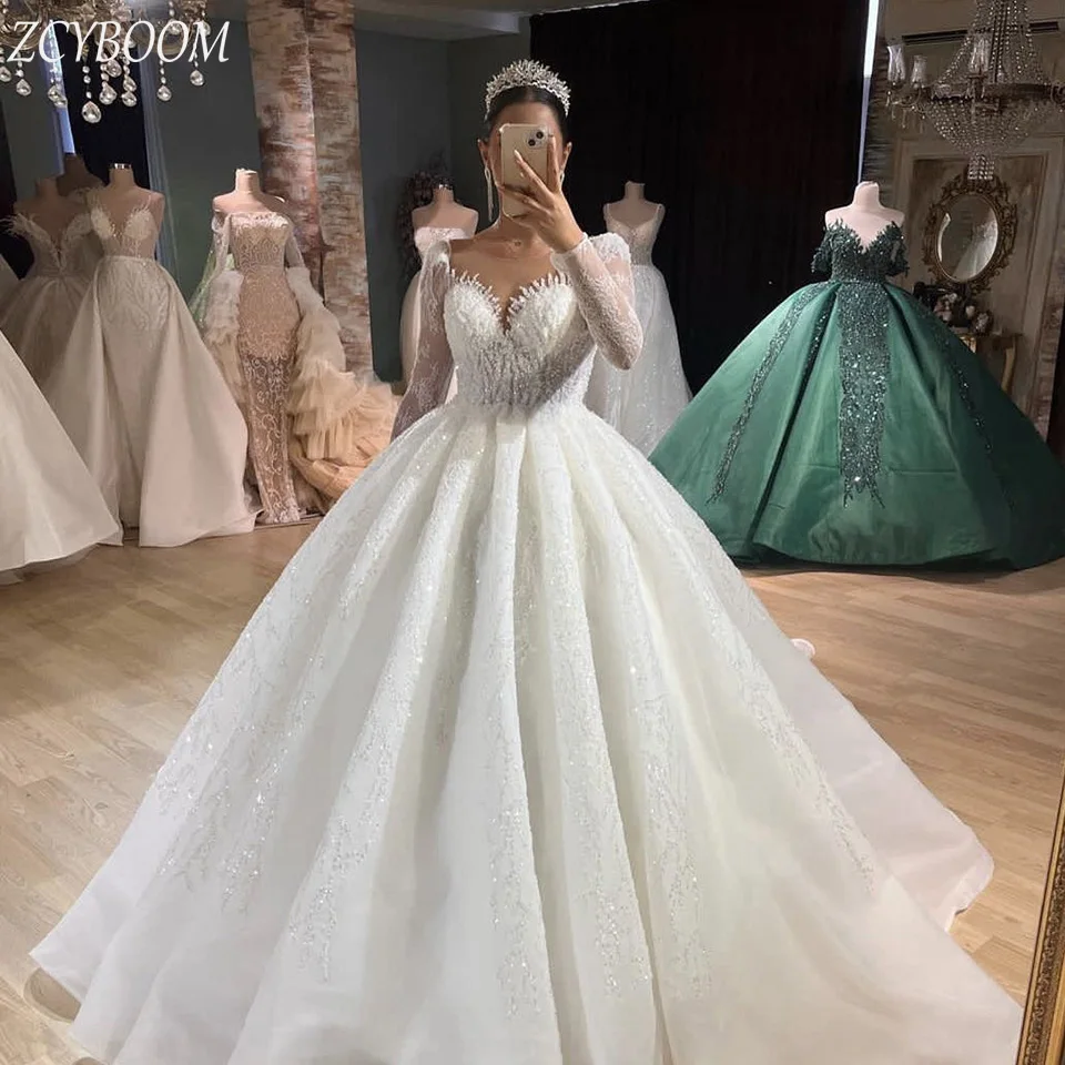 Customized Sequin Lace Appliques Long Sleeves White Wedding Dress 2024 Ball Gown Floor Length Sweep Train Lace Up Bridal Gown