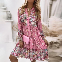 Floral Print Dress for Women 2023 Oversize Elegant Pleated Long Sleeve Casual Dresses Female Loose Bohemian Beach Holiday Dresse