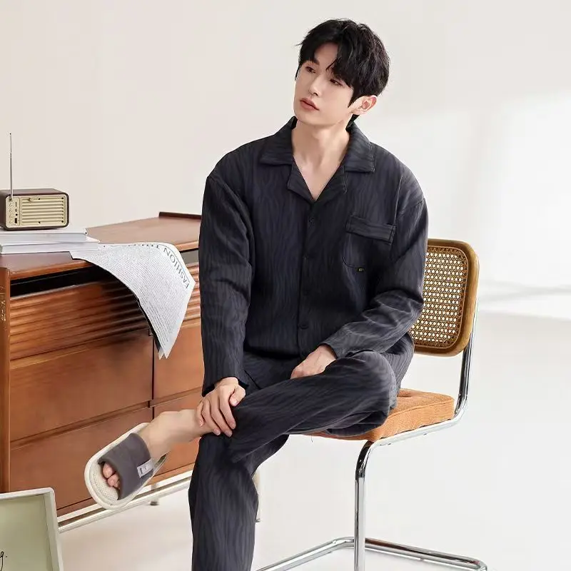 

Новинка 2025, мужские пижамы, весенне-осенние повседневные модные повседневные пижамы с длинными рукавами, свободные большие размеры, домашняя одежда