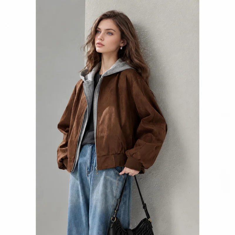 Vintage Cropped Layered Hooded Coat, Zip‑Up Loose Fit Women Casual Streetwear Jacket