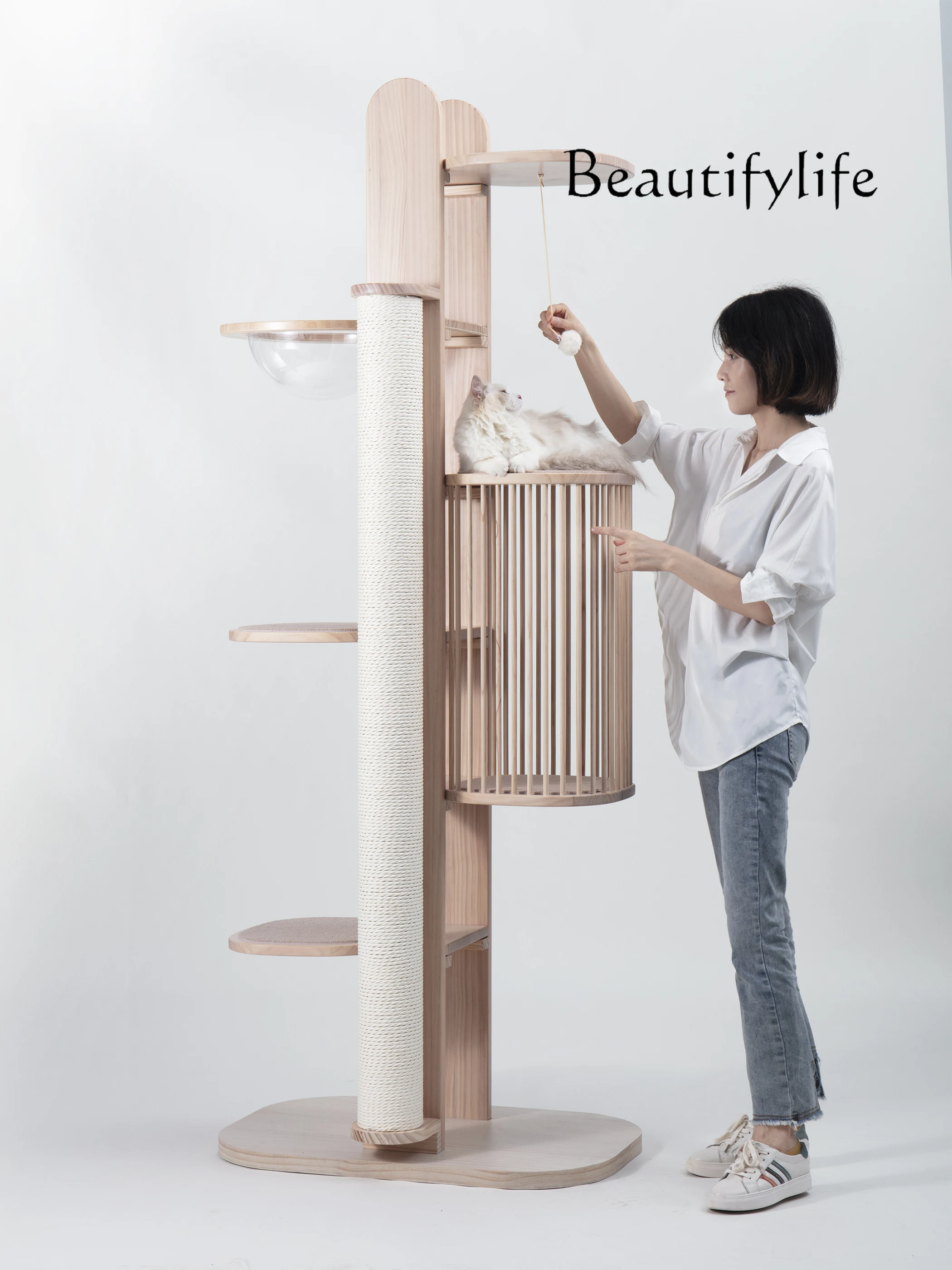 Solid wood cat climbing frame cat nest cat tree integrated large luxury Japanese simple acrylic jumping platform