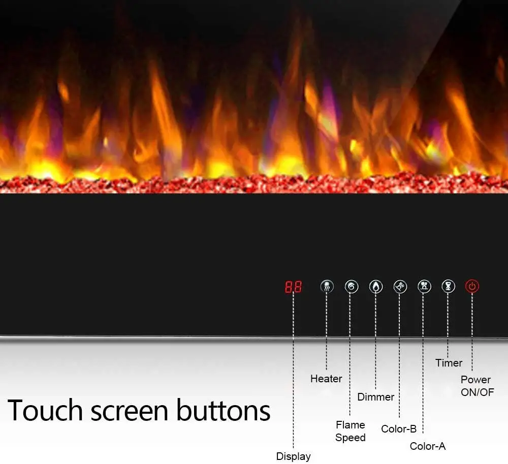 Cheminée électrique encastrée au mur, flamme multicolore, contrôle par panneau tactile et télécommande, 60 pouces, 750 W, 1500W