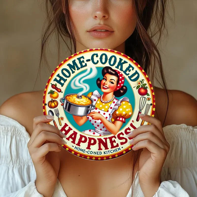 2D 1 قطعة شعار الطبخ المطبخ خمر علامة معدنية مستديرة ، 19.81x19.81 سنتيمتر الحديد جدار ديكور ، HD 2D طباعة مسطحة ، الرجعية ديكور المنزل والنوم ، #1